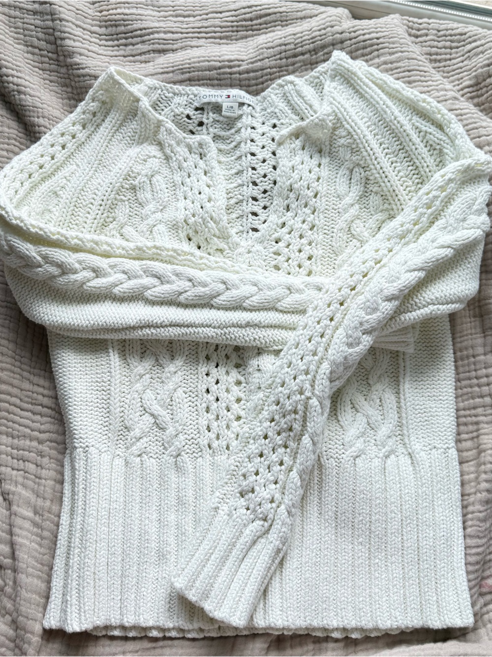 Tommy Hilfiger Cream Cable Knit Crewneck Sweater